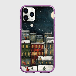 Чехол iPhone 11 Pro матовый Новогодний рисованный город, цвет: 3D-фиолетовый