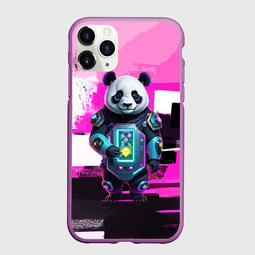 Чехол iPhone 11 Pro матовый Funny panda - cyberpunk / 3D-Фиолетовый – фото 1