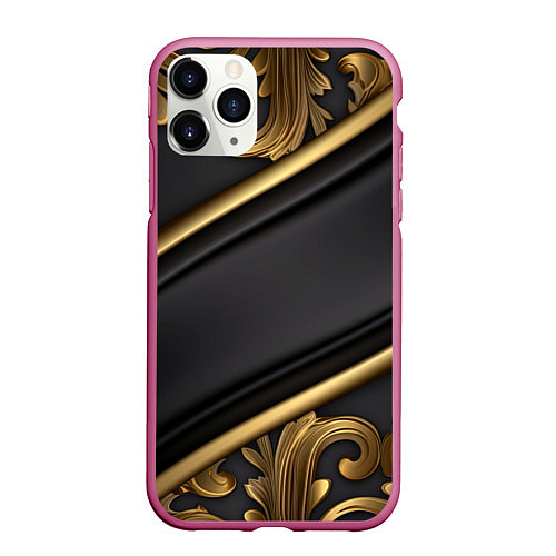 Чехол iPhone 11 Pro матовый Лепнина объемные узоры золотые / 3D-Малиновый – фото 1