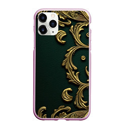 Чехол iPhone 11 Pro матовый Лепнина золотые узоры на зеленой ткани
