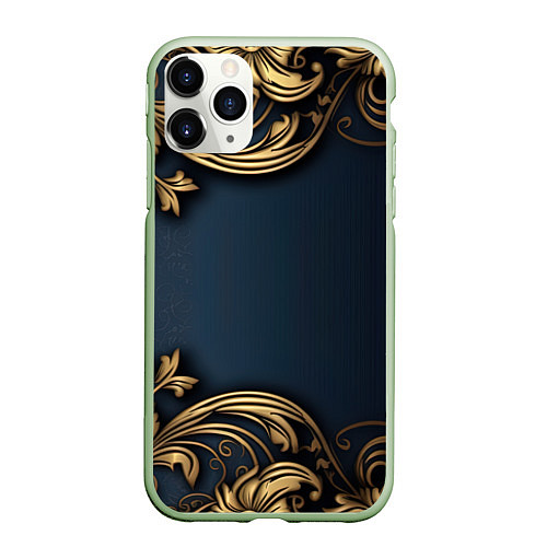 Чехол iPhone 11 Pro матовый Лепнина объемные золотые узоры на ткани / 3D-Салатовый – фото 1