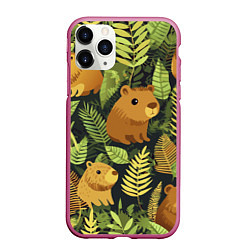 Чехол iPhone 11 Pro матовый Капибары - лесной маскировочный камуфляж, цвет: 3D-малиновый