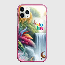 Чехол iPhone 11 Pro матовый Водопад в тропическом лесу - алоха, цвет: 3D-малиновый