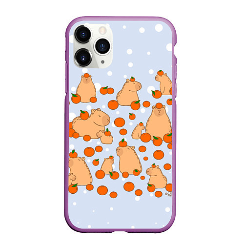 Чехол iPhone 11 Pro матовый Мем капибара и мандарины / 3D-Фиолетовый – фото 1