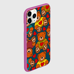 Чехол iPhone 11 Pro матовый Мишки игрушки в цветных свитерах и сердечки, цвет: 3D-фиолетовый — фото 2