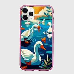 Чехол iPhone 11 Pro матовый Гуси лебеди вода, цвет: 3D-малиновый