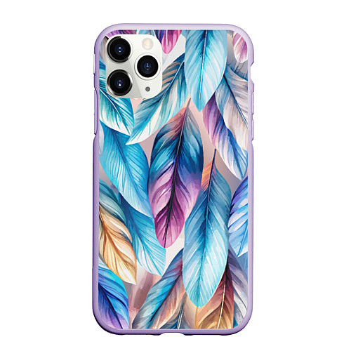Чехол iPhone 11 Pro матовый Акварельные перья птиц / 3D-Светло-сиреневый – фото 1