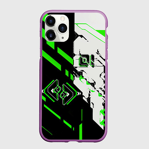 Чехол iPhone 11 Pro матовый Зелёные и чёрные техно линии / 3D-Фиолетовый – фото 1