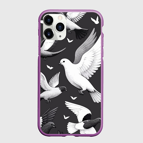 Чехол iPhone 11 Pro матовый Белые сизые голуби летящие в небе / 3D-Фиолетовый – фото 1