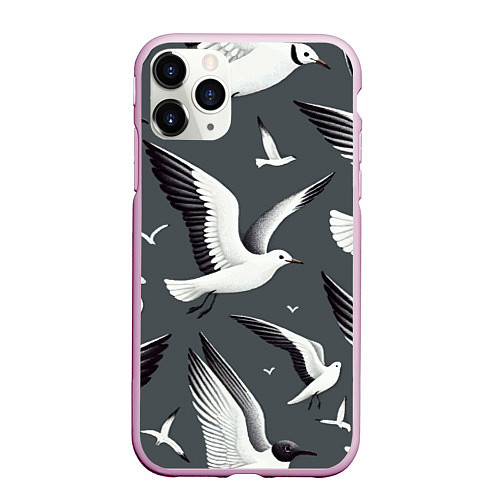 Чехол iPhone 11 Pro матовый Белый силуэт Чайки на сером - морской паттерн / 3D-Розовый – фото 1