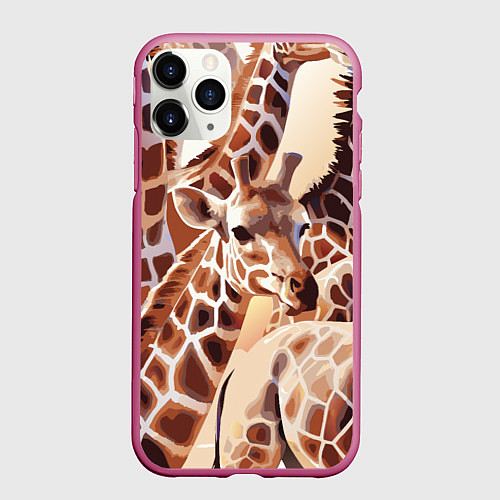 Чехол iPhone 11 Pro матовый Жирафы - африканский паттерн / 3D-Малиновый – фото 1
