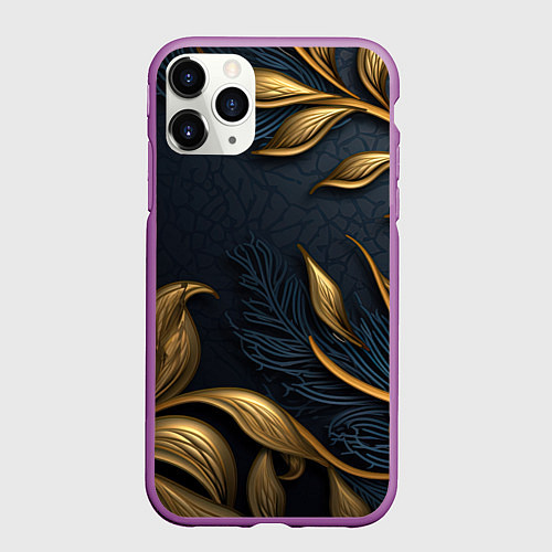 Чехол iPhone 11 Pro матовый Лепнина объемные золотые узоры на темном синем фон / 3D-Фиолетовый – фото 1