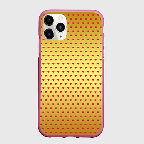 Чехол iPhone 11 Pro матовый Красные сердечки на золотом фоне / 3D-Малиновый – фото 1