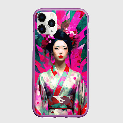 Чехол iPhone 11 Pro матовый Сад сакуры - гейша в традиционном японском кимоно / 3D-Фиолетовый – фото 1