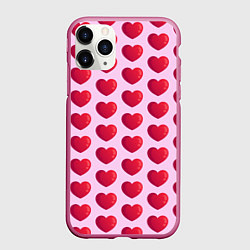 Чехол iPhone 11 Pro матовый Красные сердца на розовом фоне, цвет: 3D-малиновый