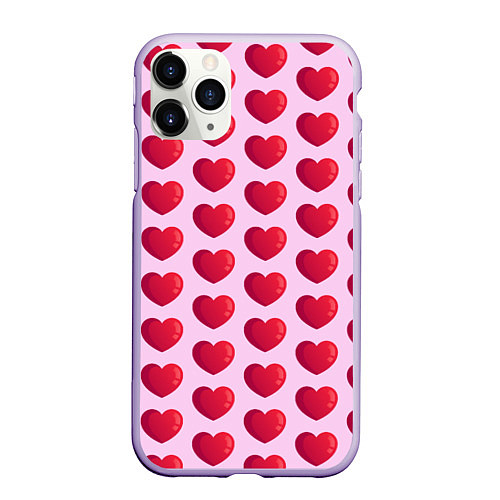 Чехол iPhone 11 Pro матовый Красные сердца на розовом фоне / 3D-Светло-сиреневый – фото 1