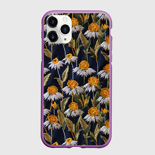 Чехол iPhone 11 Pro матовый Вышитые ромашки / 3D-Фиолетовый – фото 1