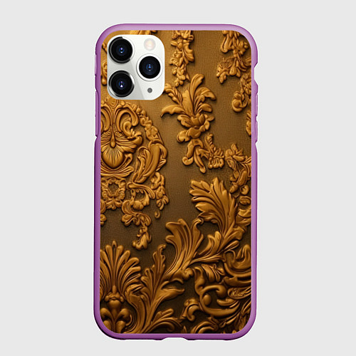 Чехол iPhone 11 Pro матовый Темная лепнина золото / 3D-Фиолетовый – фото 1