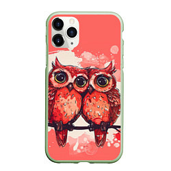 Чехол iPhone 11 Pro матовый Влюбленные совушки, цвет: 3D-салатовый
