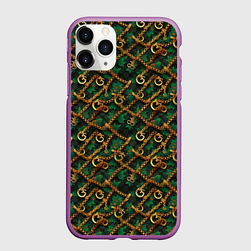 Чехол iPhone 11 Pro матовый Золотая цепочка на зеленой ткани / 3D-Фиолетовый – фото 1