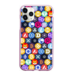 Чехол iPhone 11 Pro матовый Криптовалюта Биткоин, Эфириум, Тетхер, Солана патт, цвет: 3D-розовый