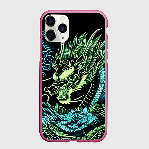 Чехол iPhone 11 Pro матовый Ирезуми - неоновый японский дракон / 3D-Малиновый – фото 1