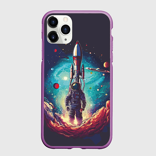 Чехол iPhone 11 Pro матовый Космонавт и ракета в космосе / 3D-Фиолетовый – фото 1