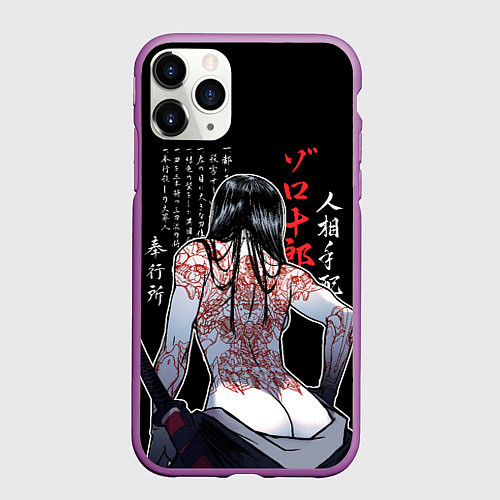 Чехол iPhone 11 Pro матовый Девушка самурай и иероглифы / 3D-Фиолетовый – фото 1