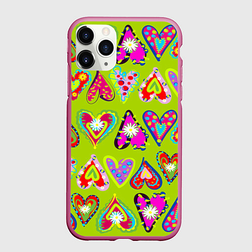 Чехол iPhone 11 Pro матовый Разноцветные сердца в мексиканском стиле / 3D-Малиновый – фото 1