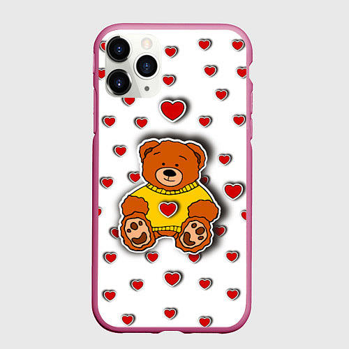 Чехол iPhone 11 Pro матовый Стикер наклейка мишка и сердце объемный рисунок / 3D-Малиновый – фото 1