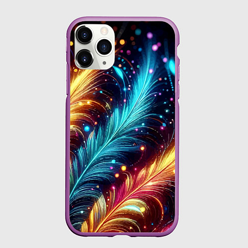 Чехол iPhone 11 Pro матовый Неоновые разноцветные перья / 3D-Фиолетовый – фото 1
