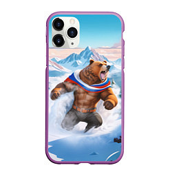 Чехол iPhone 11 Pro матовый Медведь с триколором, цвет: 3D-фиолетовый