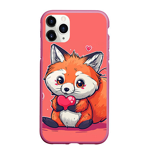 Чехол iPhone 11 Pro матовый Милый лисенок с сердечком / 3D-Малиновый – фото 1