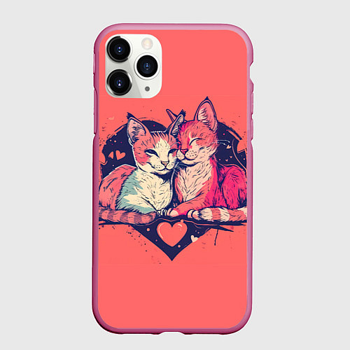 Чехол iPhone 11 Pro матовый Влюбленные коты в виде сердца / 3D-Малиновый – фото 1