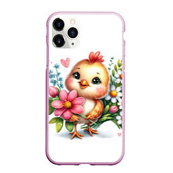 Чехол iPhone 11 Pro матовый Мультяшный цыпленок с цветами, цвет: 3D-розовый