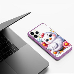 Чехол iPhone 11 Pro матовый Мультяшная курица с цветами акварелью, цвет: 3D-фиолетовый — фото 2
