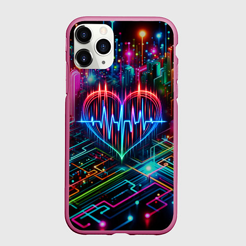 Чехол iPhone 11 Pro матовый Неоновое сердце - кардиограмма / 3D-Малиновый – фото 1