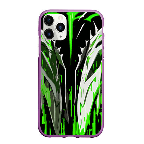 Чехол iPhone 11 Pro матовый Металл и зелёные линии / 3D-Фиолетовый – фото 1
