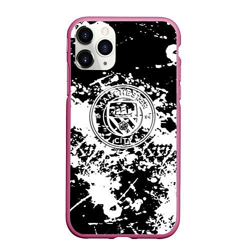 Чехол iPhone 11 Pro матовый Manchester City краски чёрно белые / 3D-Малиновый – фото 1