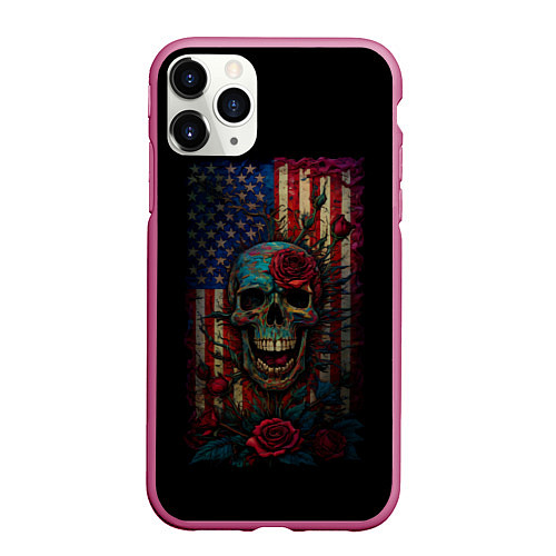 Чехол iPhone 11 Pro матовый Skull - USA / 3D-Малиновый – фото 1