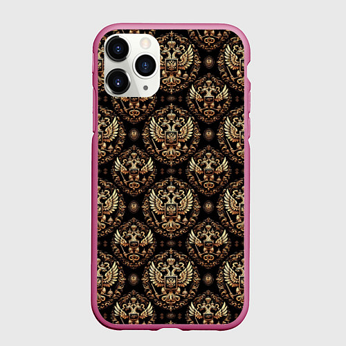 Чехол iPhone 11 Pro матовый Золотой герб России паттерн / 3D-Малиновый – фото 1