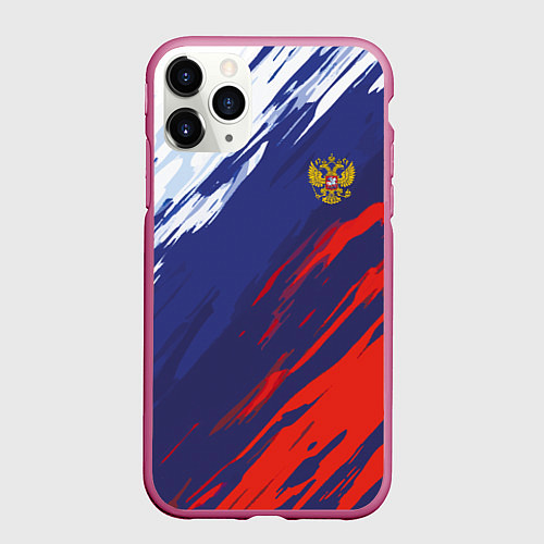 Чехол iPhone 11 Pro матовый Россия Sport брызги красок триколор / 3D-Малиновый – фото 1