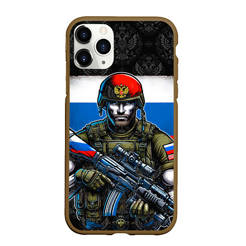 Чехол iPhone 11 Pro матовый Русский солдат на фоне флага / 3D-Коричневый – фото 1