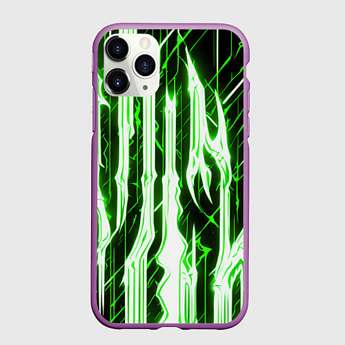 Чехол iPhone 11 Pro матовый Зелёные неоновые полосы на чёрном фоне / 3D-Фиолетовый – фото 1