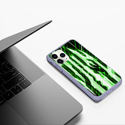 Чехол iPhone 11 Pro матовый Зелёные неоновые полосы на чёрном фоне, цвет: 3D-светло-сиреневый — фото 2