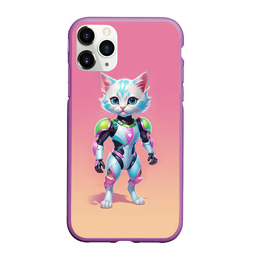 Чехол iPhone 11 Pro матовый Funny kitten - cyberpunk / 3D-Фиолетовый – фото 1