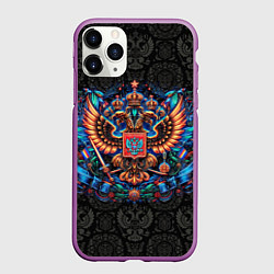 Чехол iPhone 11 Pro матовый Золотой неоновый герб России, цвет: 3D-фиолетовый
