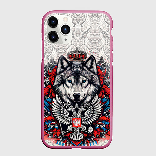Чехол iPhone 11 Pro матовый Белый волк и белый герб России / 3D-Малиновый – фото 1