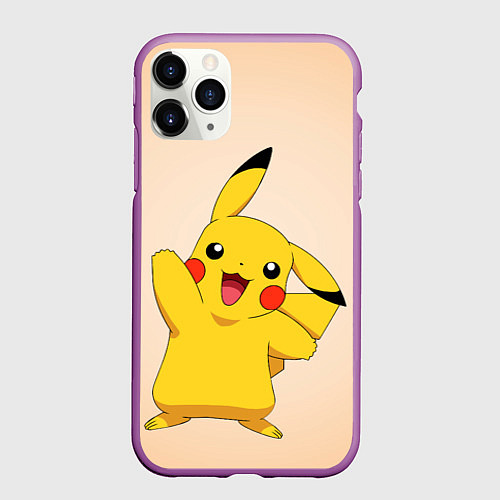 Чехол iPhone 11 Pro матовый Пикачу на бежевом фоне / 3D-Фиолетовый – фото 1