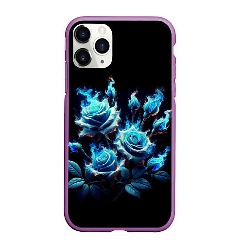 Чехол iPhone 11 Pro матовый Розы в голубом огне / 3D-Фиолетовый – фото 1